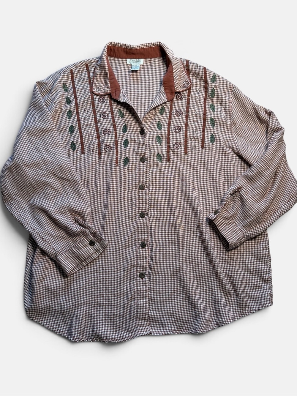Teddi Blouse Women’s 2X Rust Gingham Embroidered Cottagecore Button Up